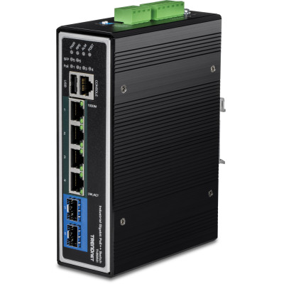 TRENDnet TI-BG62i 6-Port Gigabit Ethernet Switch, 4 Gigabit PoE++, 2 SFP slots, 12 Gbps switching capacity, DIN-rail mount